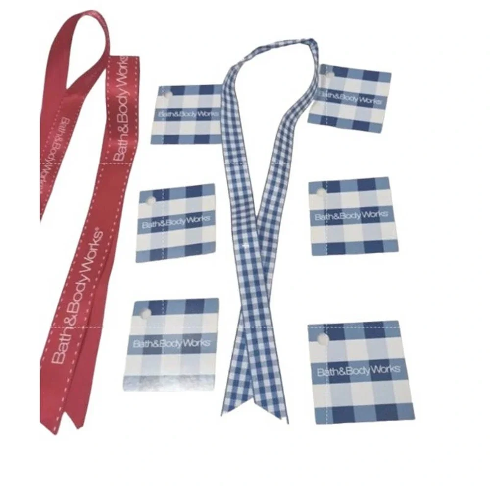 16 pc Bath & Body Works Ribbons & Tags Blue Gingham Pattern & Red &‎ Star Crafts